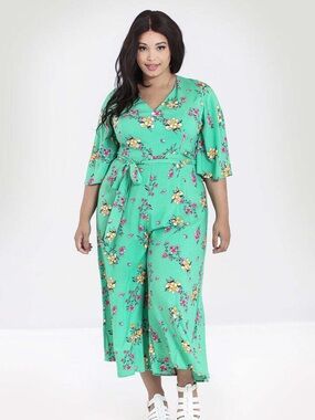 Hell Bunny Mint Floral V-Neck Jumpsuit with Tie Waist